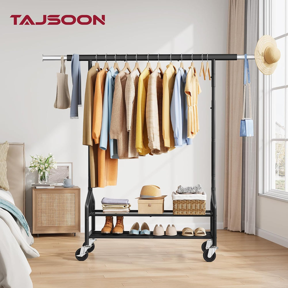 Tajsoon Clothing Rack with 2 Shelves, Metal Heavy Duty Load 350 LBS, Black