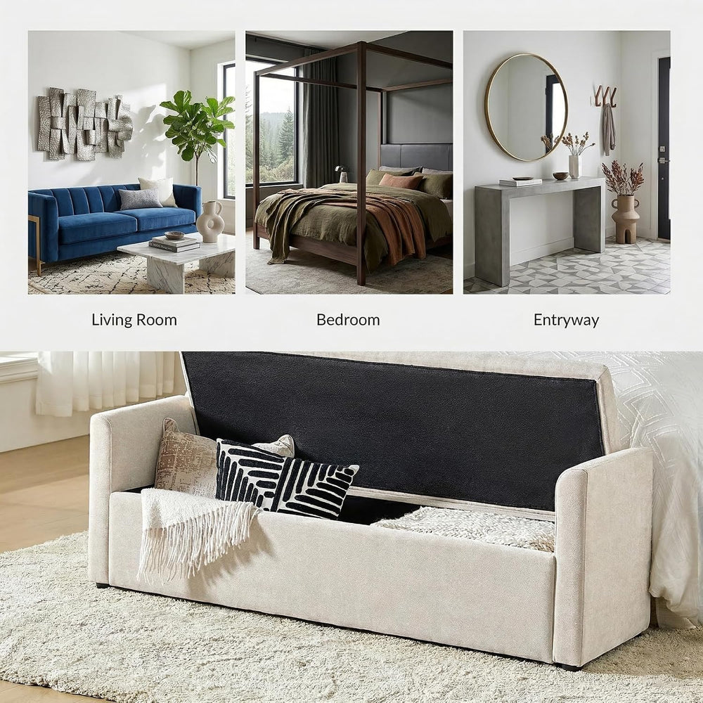 HULALA HOME 59" Storage Bench with 2 Throw Pillows & Armrests, Linen