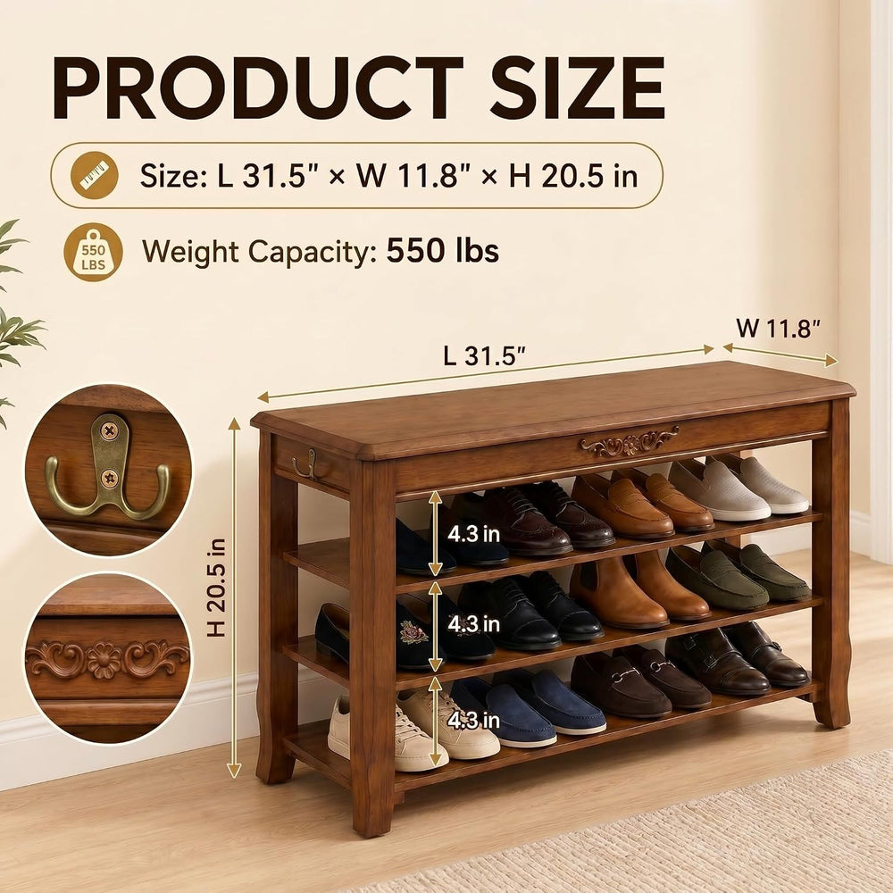 Shoe Rack Bench with Storage 3 Tier Solid Wood Entryway Shoe Rack 31.5"