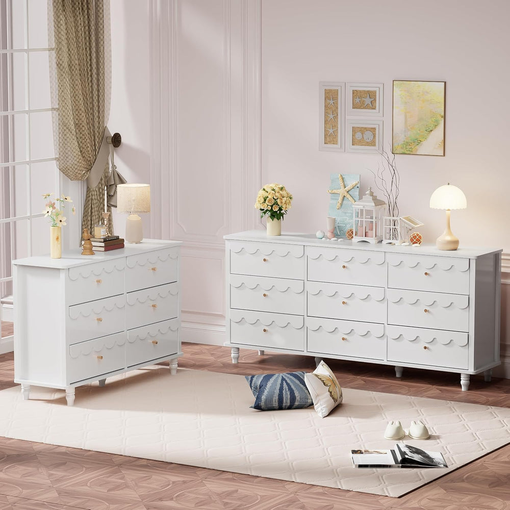 Anbuy Scalloped Dresser for Bedroom White 9 Drawer Dresser, Long Scalloped Ch...