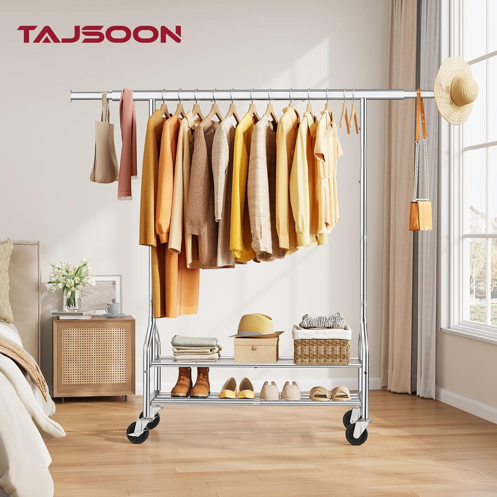 Tajsoon Clothes Rack with 2 Shelves, Heavy Duty Load 350 LBS, Chrome