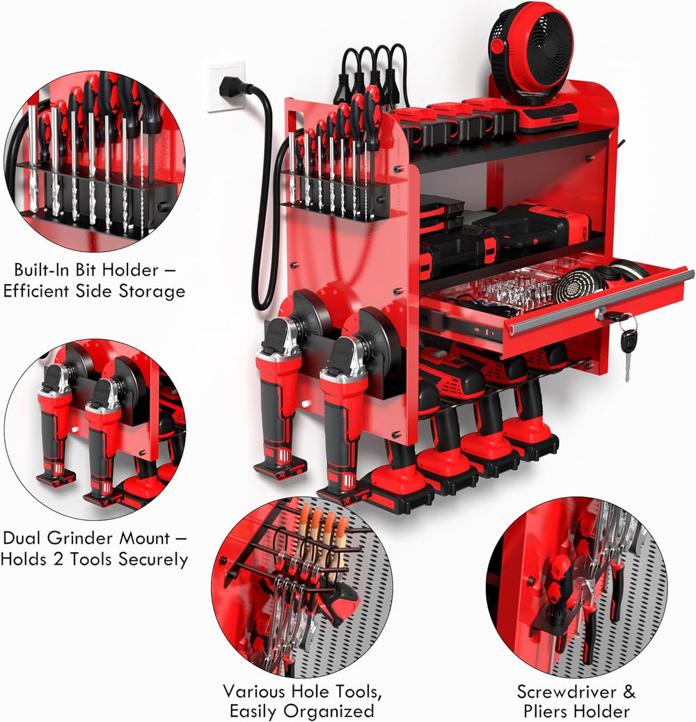 KSVO Power Tool Organizer Wall Mount with Drill Rack & Locking Drawers