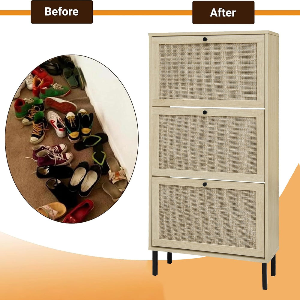 Rattan Shoe Cabinet with 3 Flip Drawer Slim Narrow Shoe Rack Cabinet with Sto...
