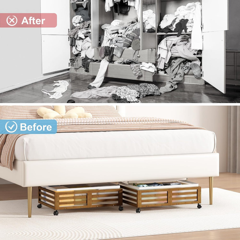 Under Bed Storage with Wheels, 2 Pack Bamboo Drawers for Shoes and Clothes
