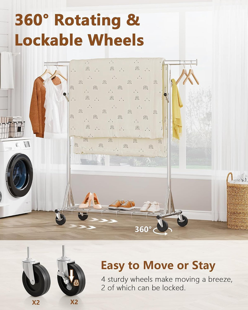 Hoctieon 1-Minute Assembly Clothes Rack, 480 lbs Heavy Duty Rolling Clothing ...