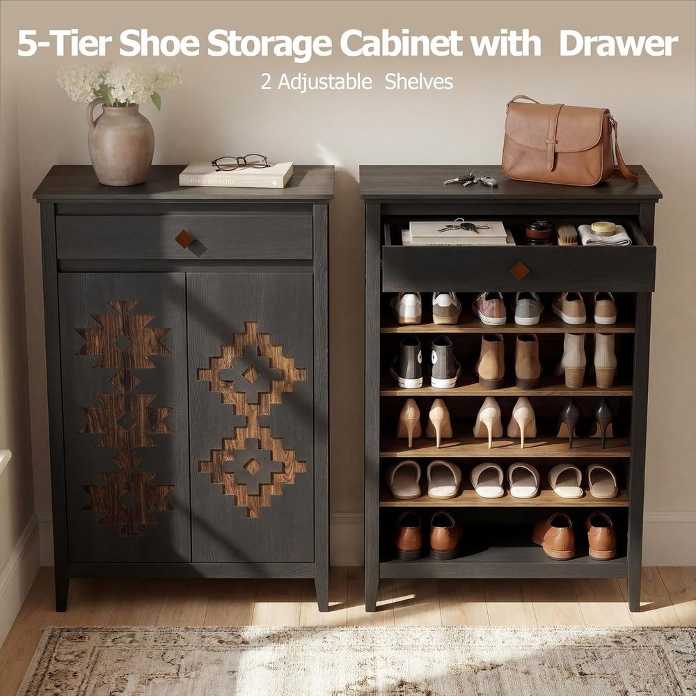 5-Tier Shoe Cabinet with Drawers, Wooden Shoe Storage Cabinet with Adjustable...