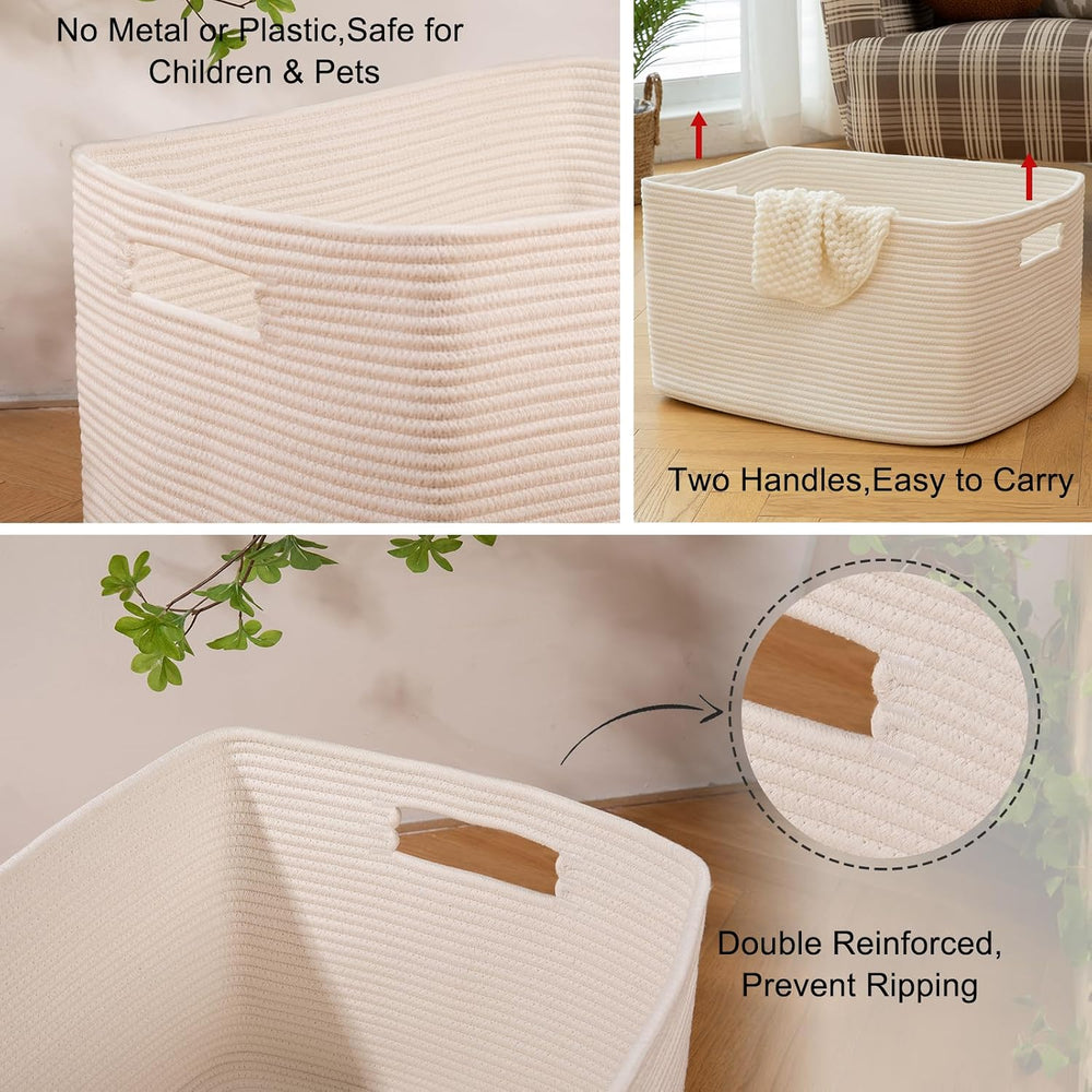 OIAHOMY 96L XXXLarge Blanket Basket Woven Cotton Rope Storage Basket White