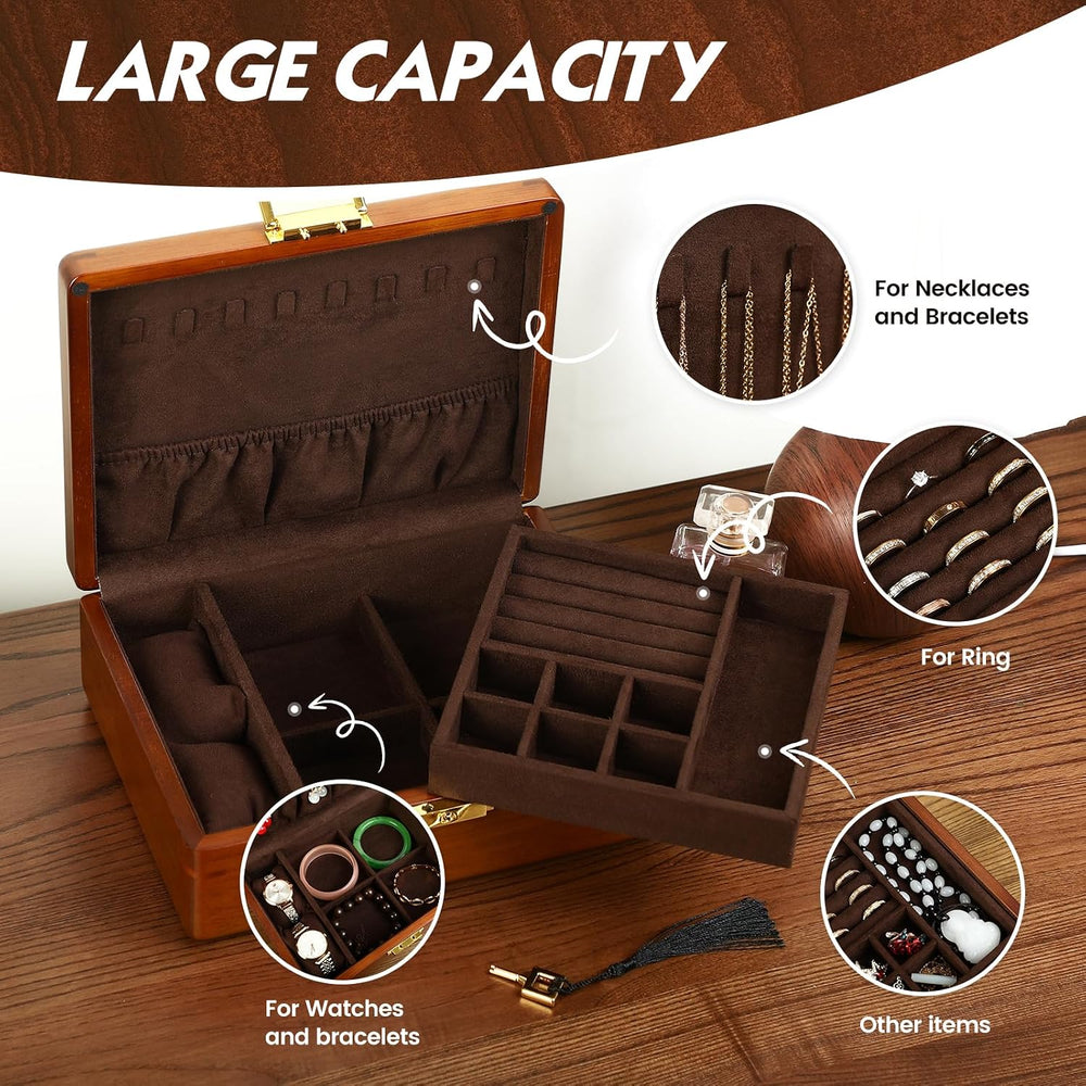 2 Layer Anti Tarnish Solid Wood Jewelry Organizer Box with Lock