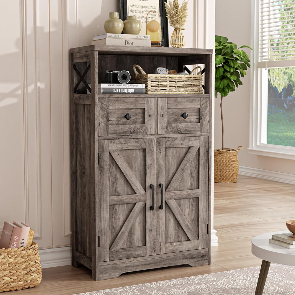 Grey Farmhouse Storage Cabinet with Doors and Drawers, Small Pantry Cabinet