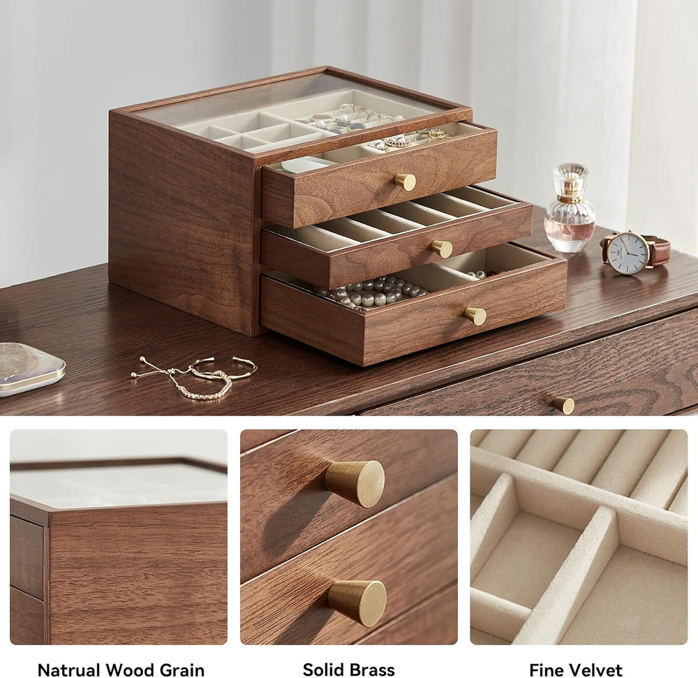 CHOSIN Black Walnut Jewelry Box Wood for Women with Glass Lid, 3 Layer