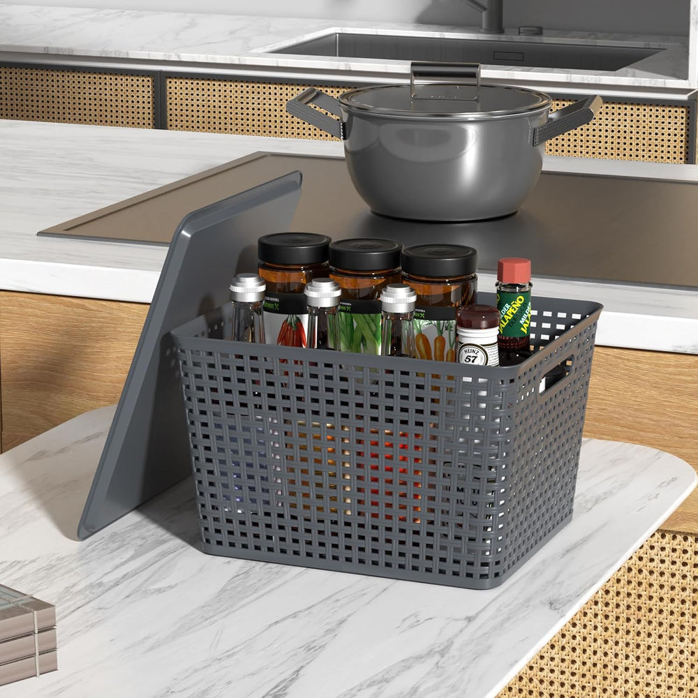 20 Quart Stackable Plastic Weave Storage Basket with Lid, 6-Pack