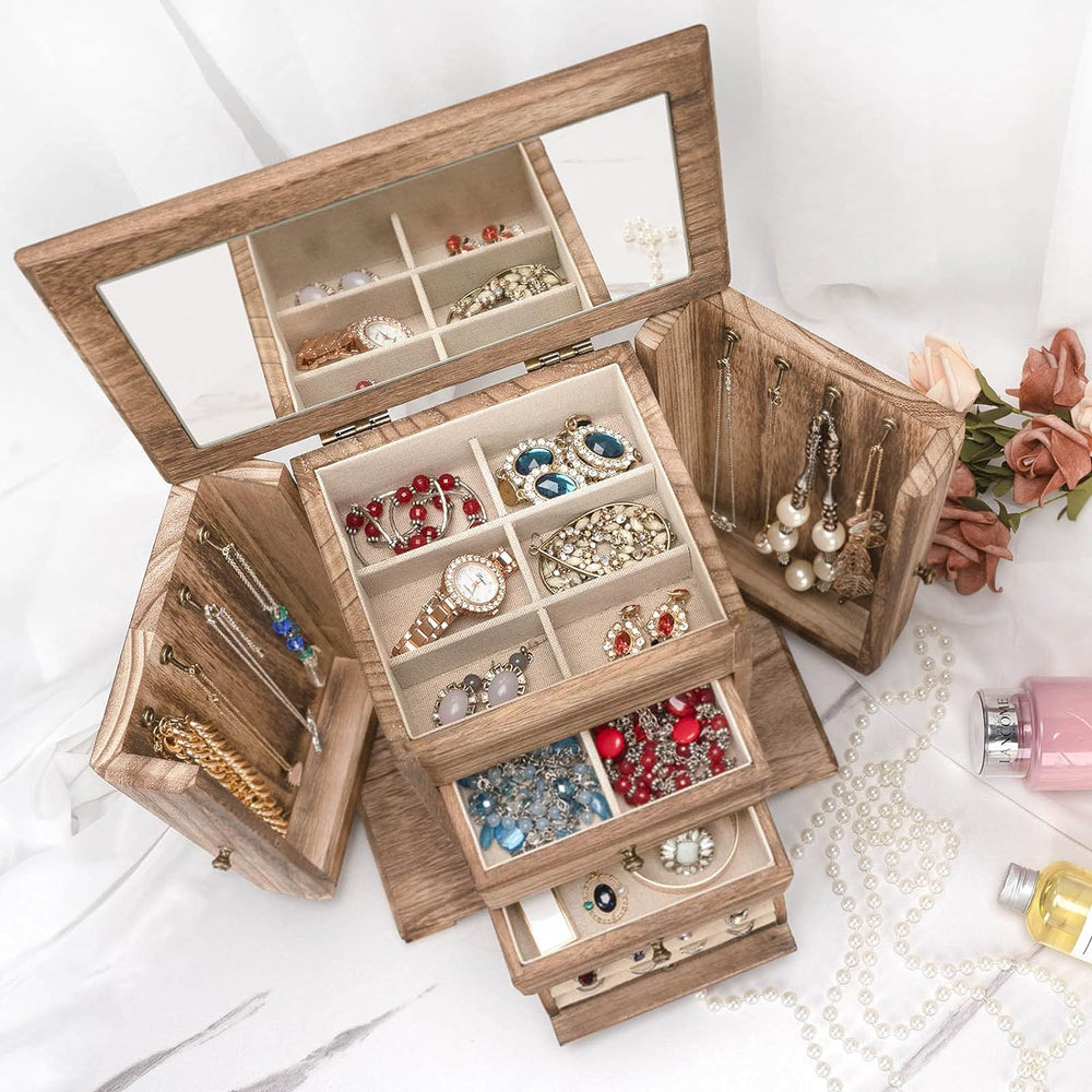 Emfogo Jewelry Box for Women, Rustic Wooden Jewelry Boxes & Organizers wi...