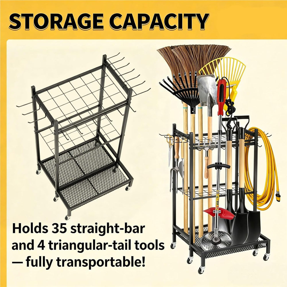 Garden Tool Organizer Rack with Wheels Up to 30-35 Tools, Heavy-Duty Steel Ya...