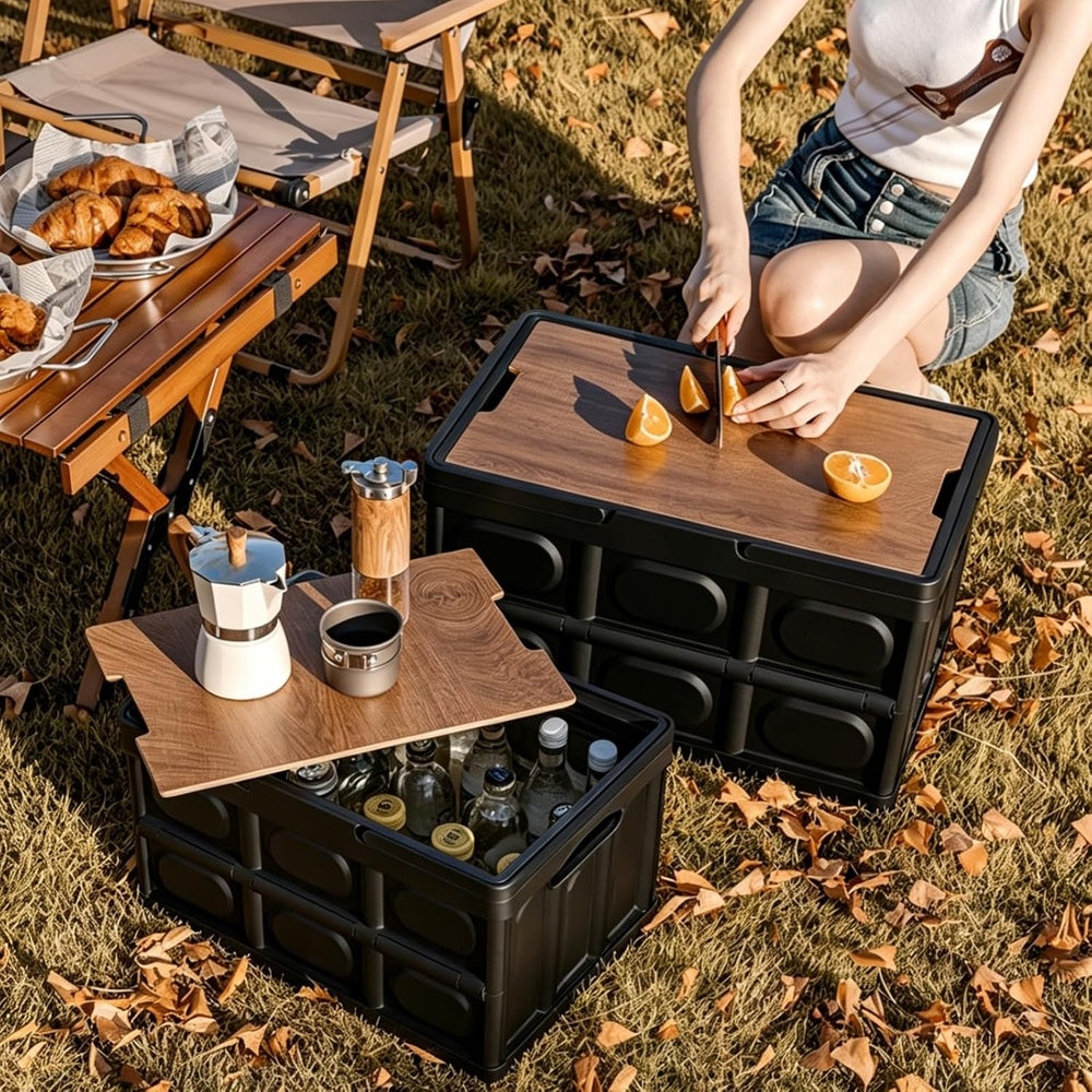 Collapsible Storage Bin with Wood Lid, Stackable Camping Storage Box for Car ...