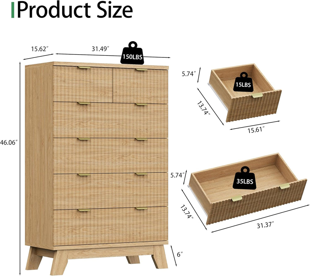 Fluted Dresser for Bedroom with 6 Drawers, 46" Tall Modern Chest of Draw...