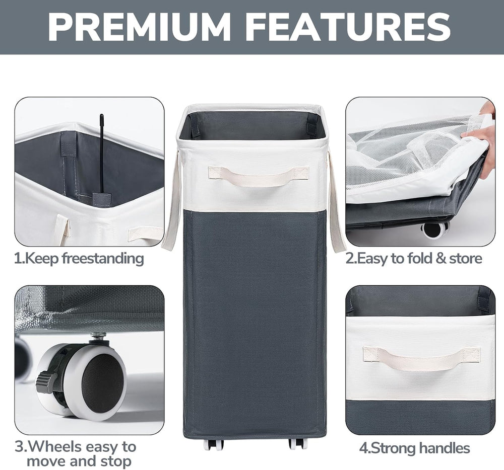 Goodpick 2-Pack Rolling Laundry Basket with Wash Bag, Hamper for Dorm, 75L