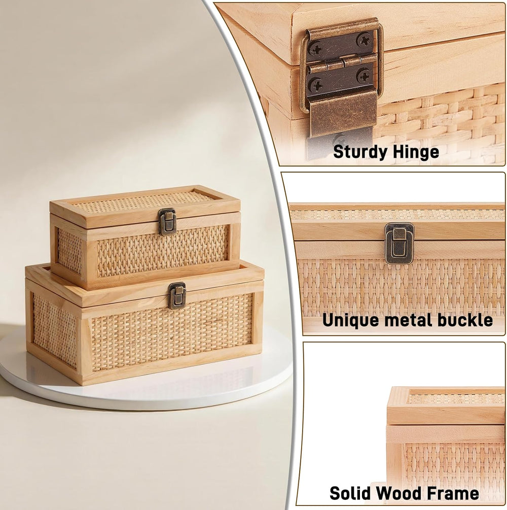 Rattan Decorative Boxes with Lids, Stackable Keepsake Box Set of 2