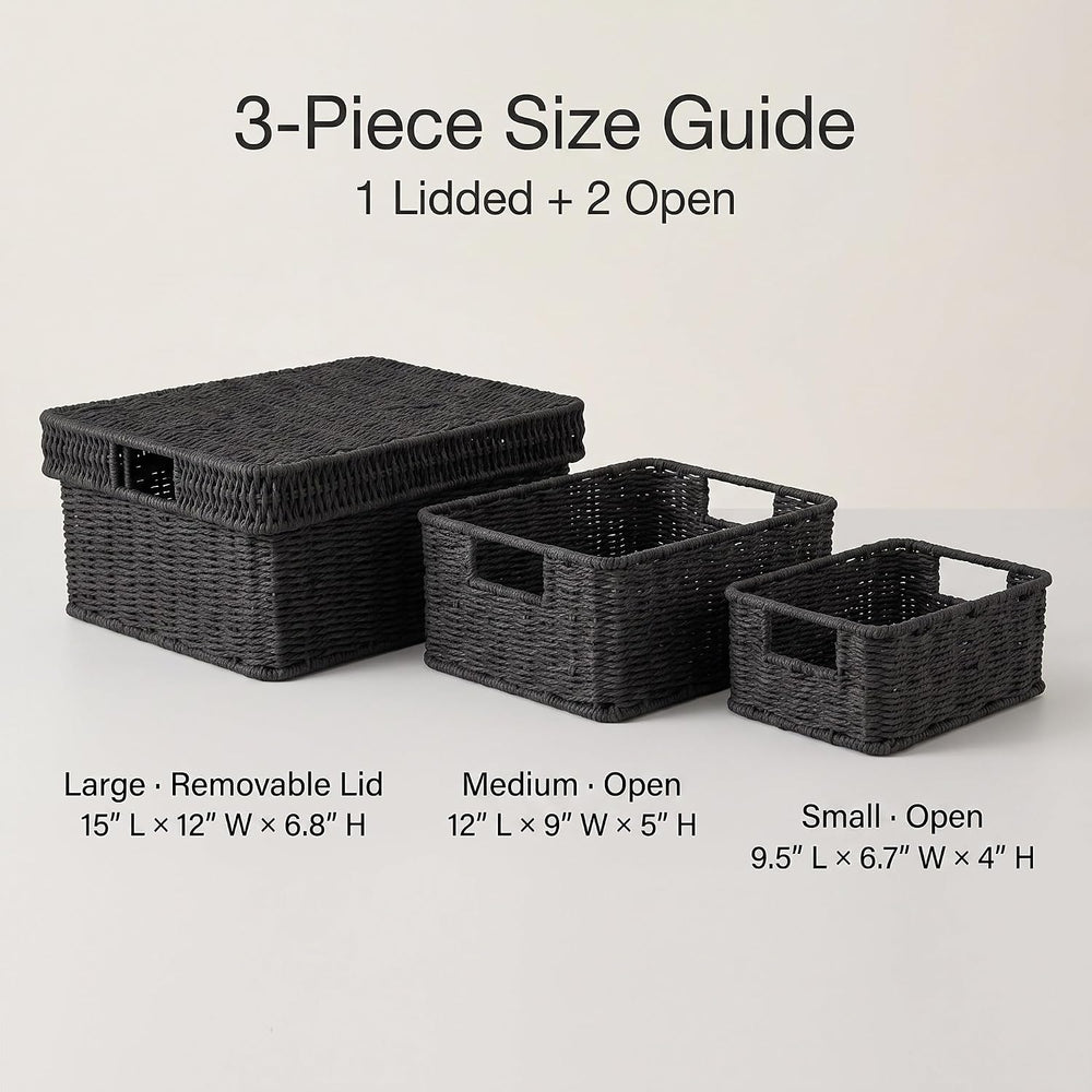 Wicker Storage Basket with Lid for Shelves, 3-Basket Set, Black