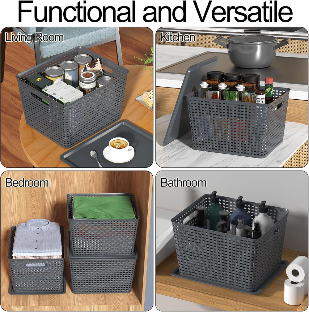 6-Pack Large Plastic Storage Basket Bins with Lid, Gray