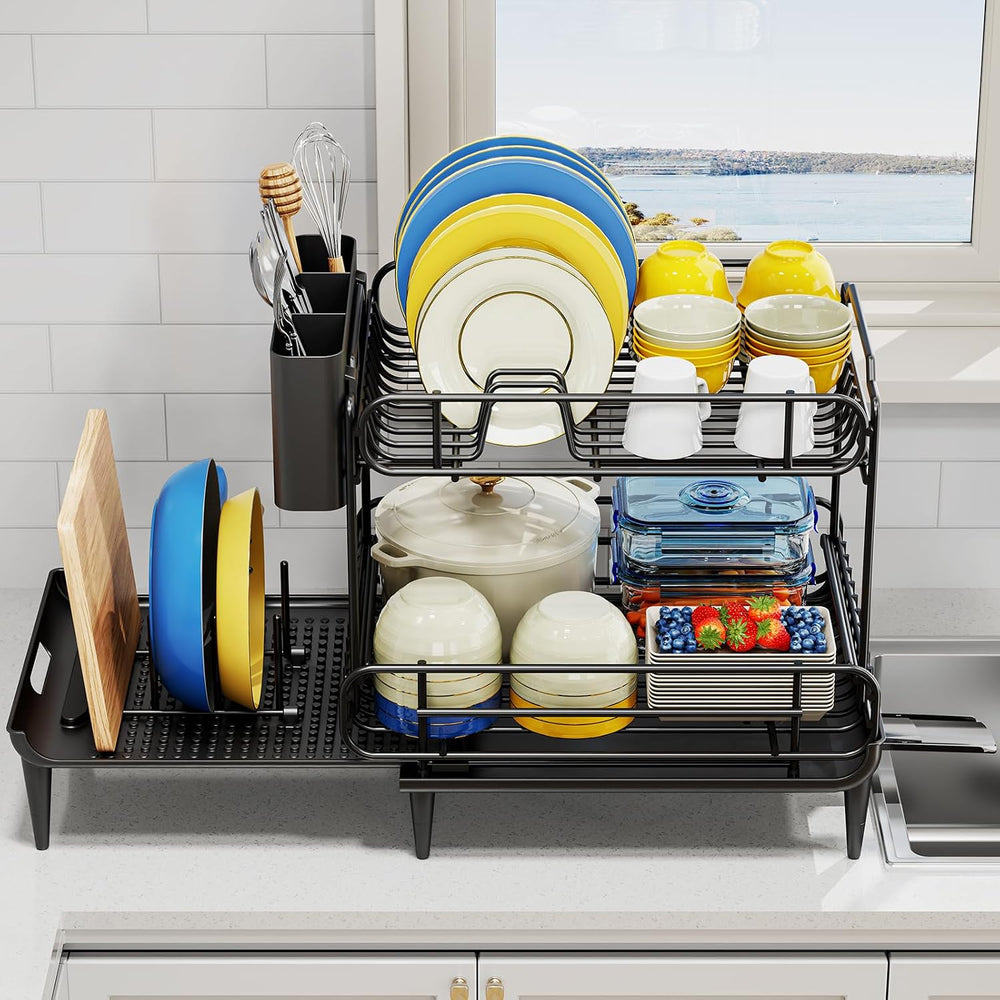 Urackify Dish Drying Rack for Kitchen Counter, Expandable 2 Tier Dish Rack, L...