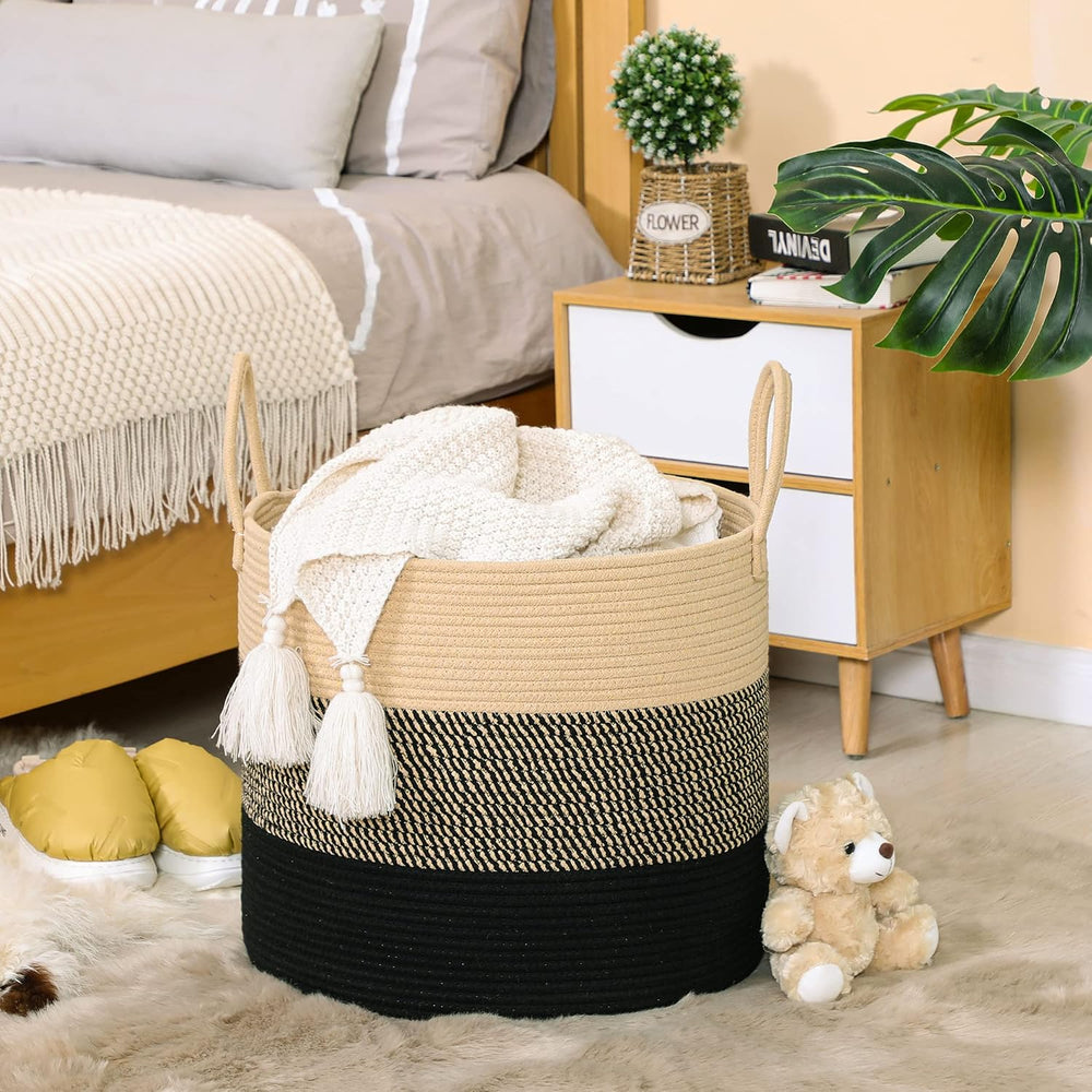 KAKAMAY Woven Cotton Rope Basket, Large Round Storage Basket, Foldable Laundr...
