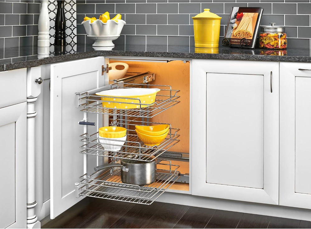 Rev-A-Shelf Chrome 3-Tier Wire Pullout Organizer with Soft-Close for Blind Co...