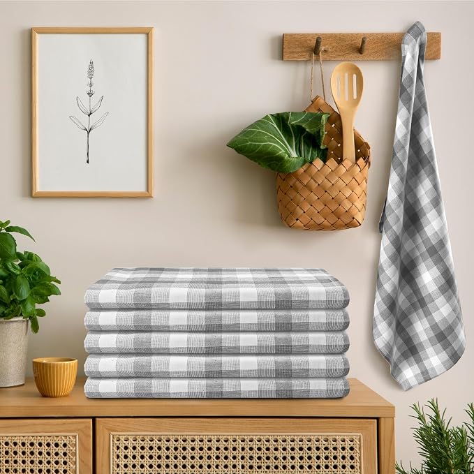 Kitchen Towels Set of 6 Grey/White Checks 20x30 Inches 100% Cotton Highly - Image 7