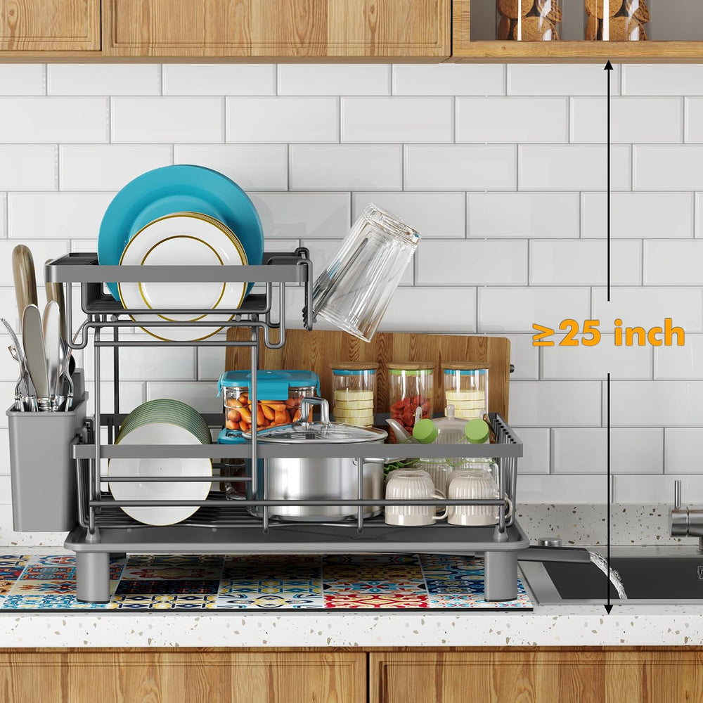 2 Tier Large Detachable Dish Drying Rack for Kitchen Counter, Gray