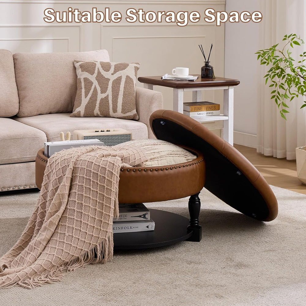 31.5 Inch Round Storage Ottoman Coffee Table with Shelf, PU Brown