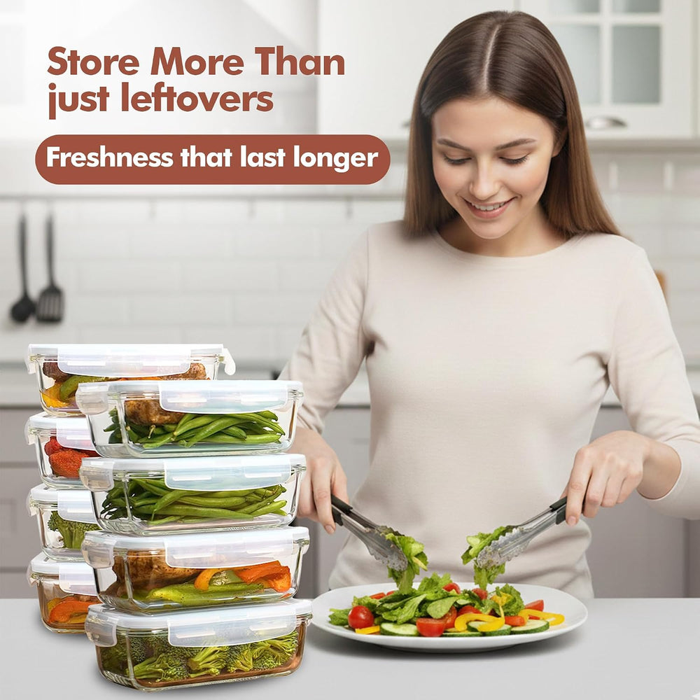 Razab 16 Pc (Set of 8) 30 Oz Glass Meal Prep Containers with Lids, Airtight L...
