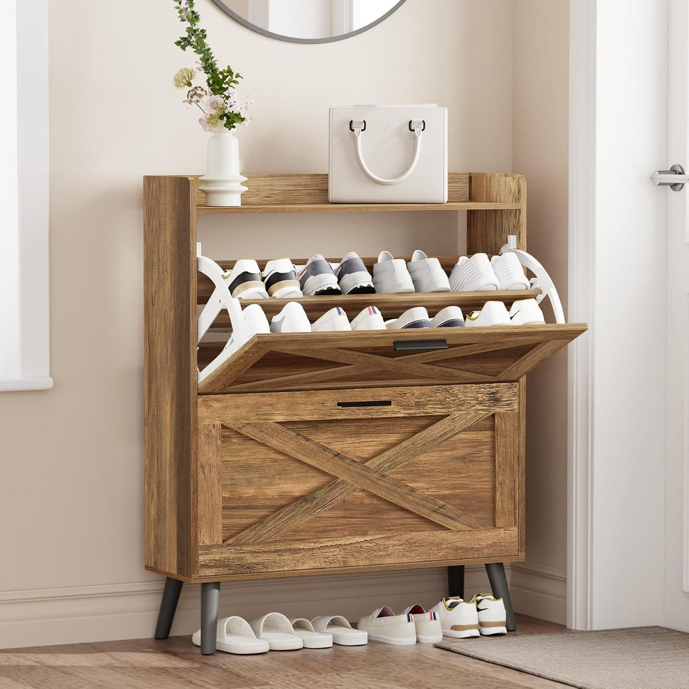 Homleke Farmhouse Shoe Storage Cabinet with Flip Drawers & Barn Door Design