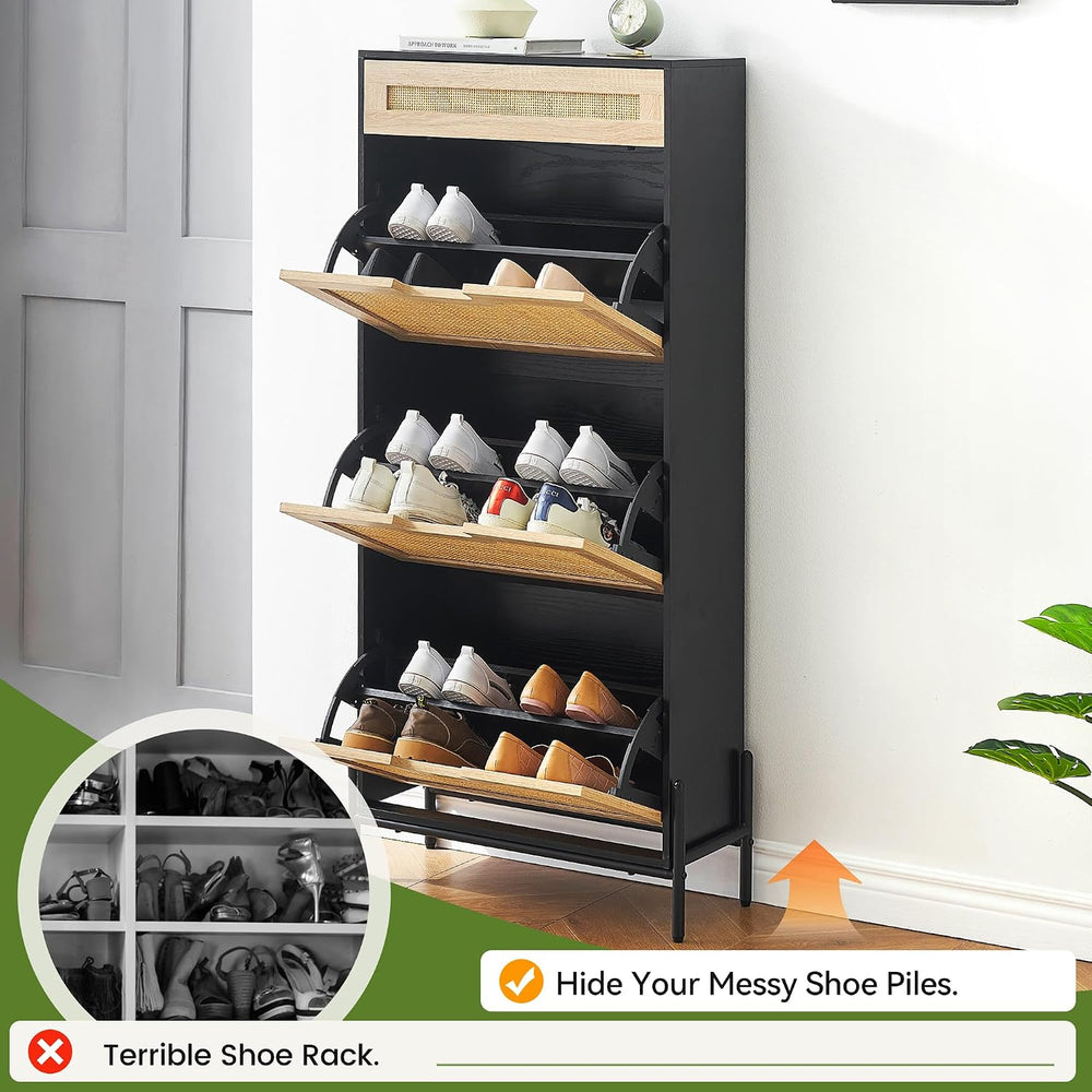 IDEALHOUSE Natural Rattan 3 Flip Door with 1 Drawer Shoe Cabinet Organizer Fr...