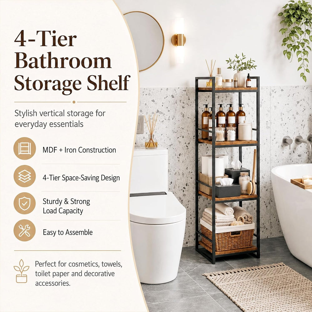 BYFU 4 Tier Bathroom Storage Open Shelf Rustic Brown Metal Corner Rack