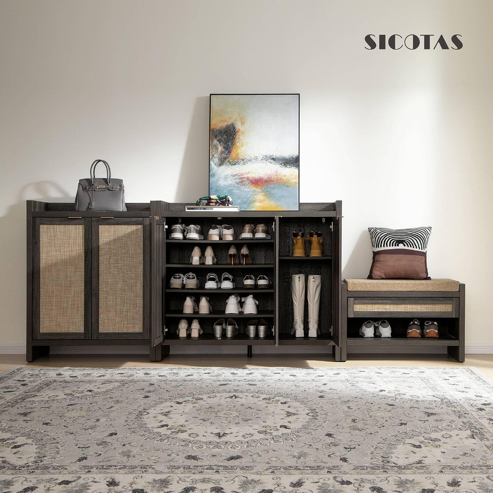 SICOTAS Shoe Storage Cabinet Set of 2, Rattan Large Tall Shoe Cabinet