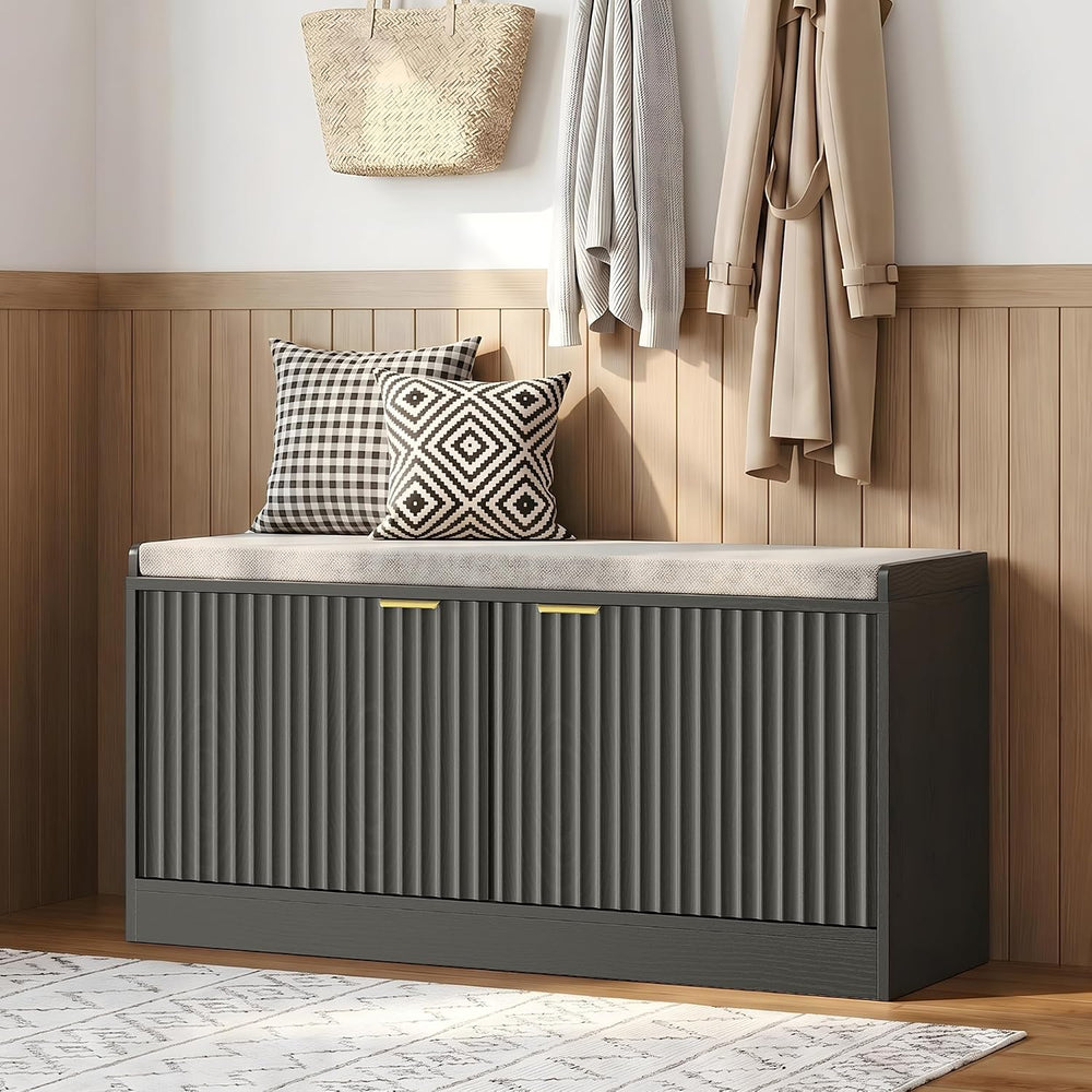 2-Tier Fluted Shoe Storage Bench with Adjustable Shelves and Cushion, Black丨E...
