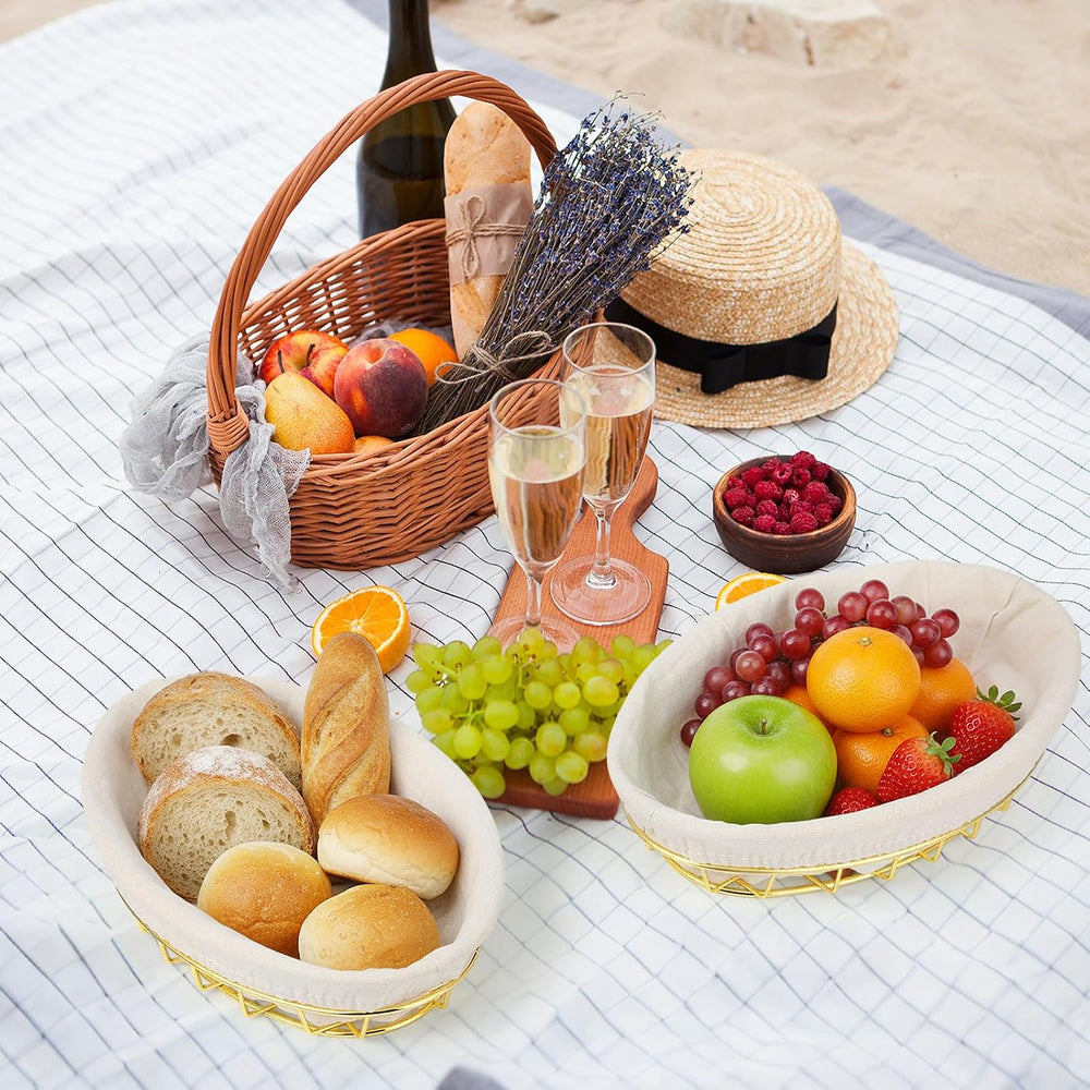12 Pack Oval Metal Wire Baskets with Liner Cloth for Table Serving 9.5 x 6.2 ...