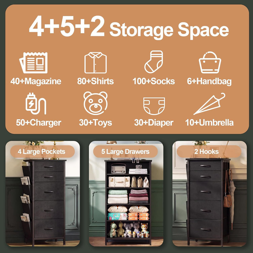 HCHQHS Tall Dresser for Bedroom 5 Drawers Fabric Black