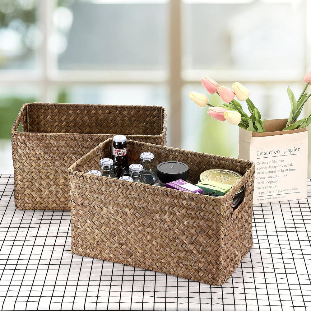 Hipiwe 2 Pack Natural Seagrass Basket with Handles Decorative Wicker Basket B...
