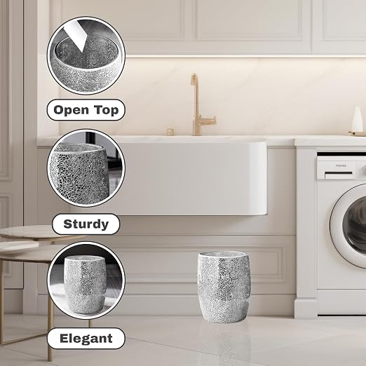 Escenzy Modern Bathroom Trash Can Silver Mosaic Glass 5L | 7" x 10" | Luxury - Image 2