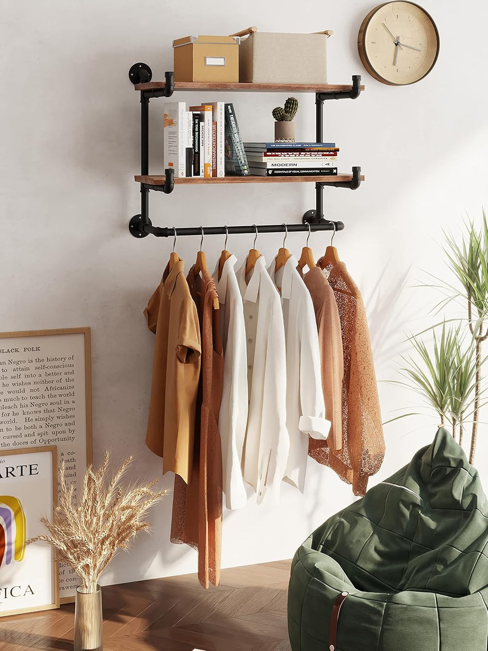 30in Industrial Pipe Clothing Rack,2-Tier Wall Mounted Clothes Rack, Pipe Clo...