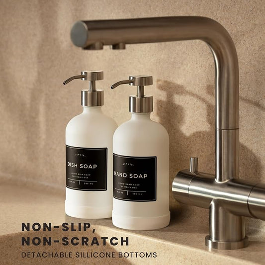16oz Glass Soap Dispenser with Stainless Steel Pump, 21 Waterproof Labels - Image 2