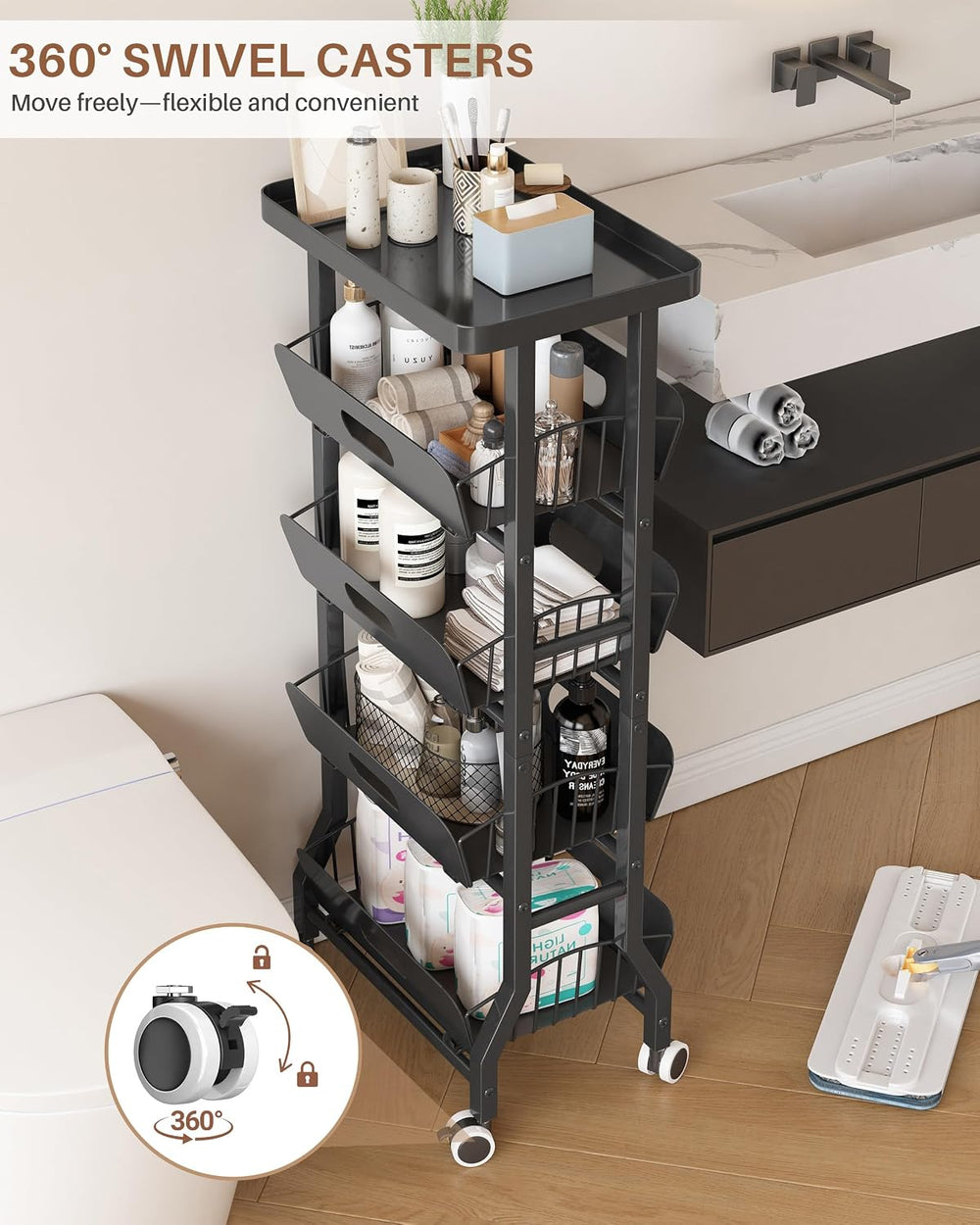 5-Tier Kitchen Storage Rolling Cart with 4 Drawers & Wheels,Black