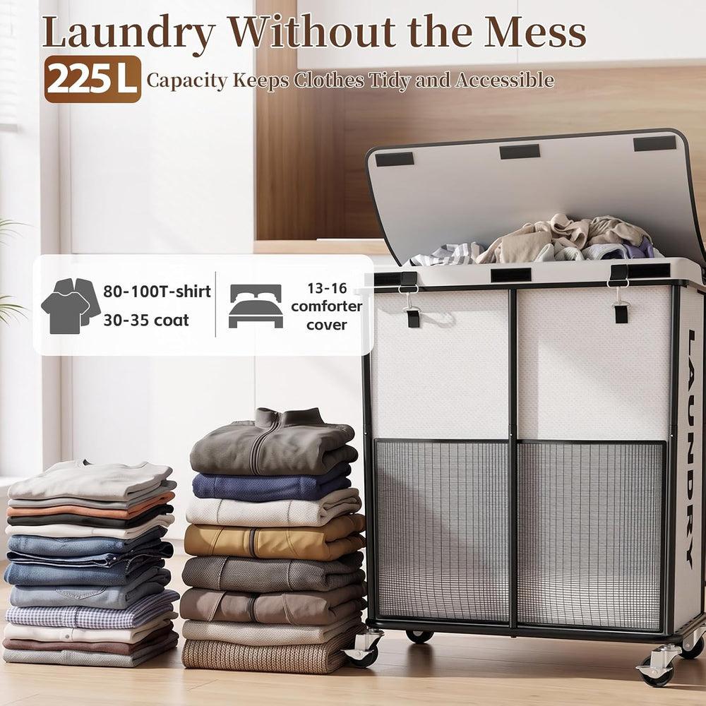 Laundry Hamper with Wheels and Lid, 225L Large Rolling Laundry Basket White