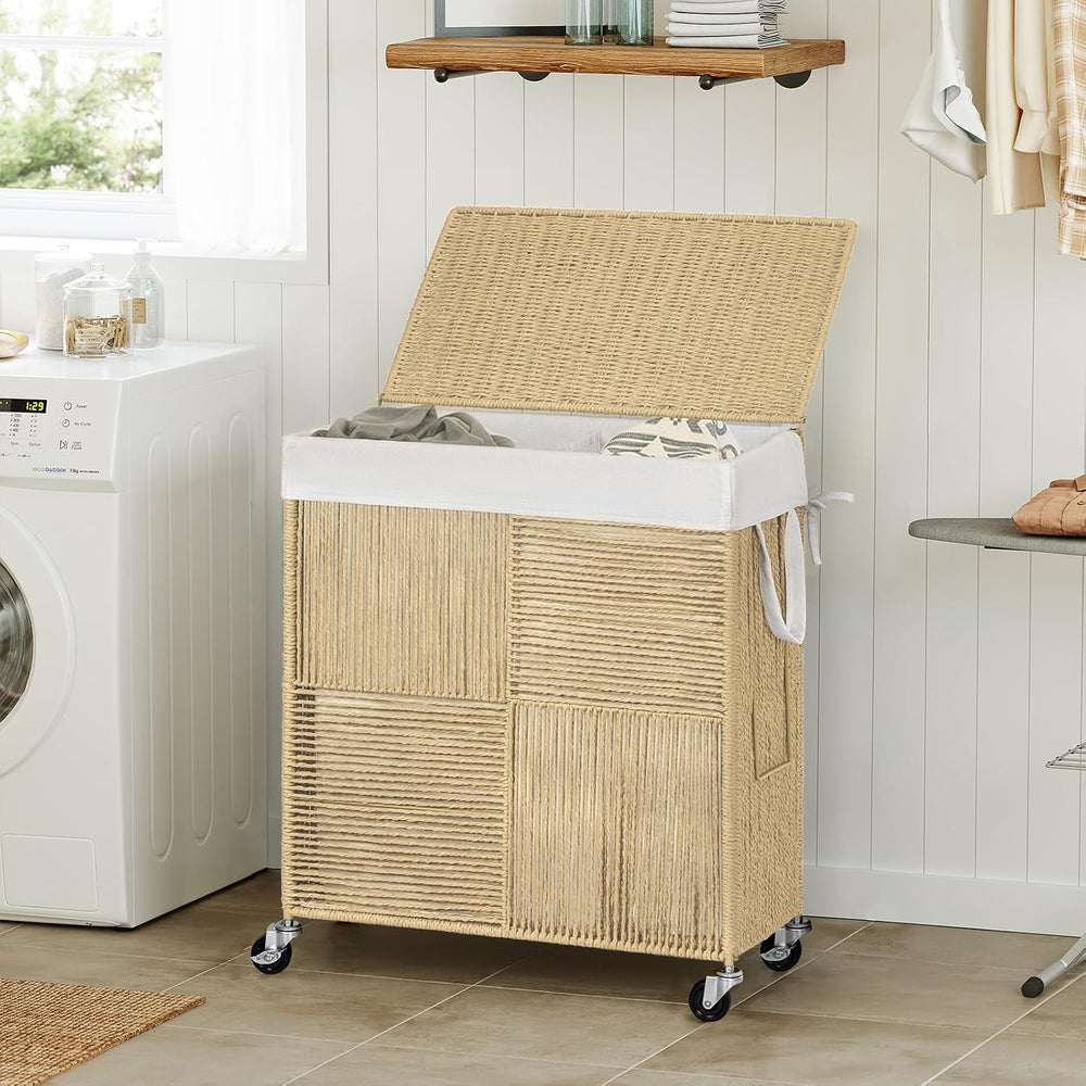 WOWLIVE Double Laundry Hamper with Wheels, Handwoven Rolling Laundry Basket