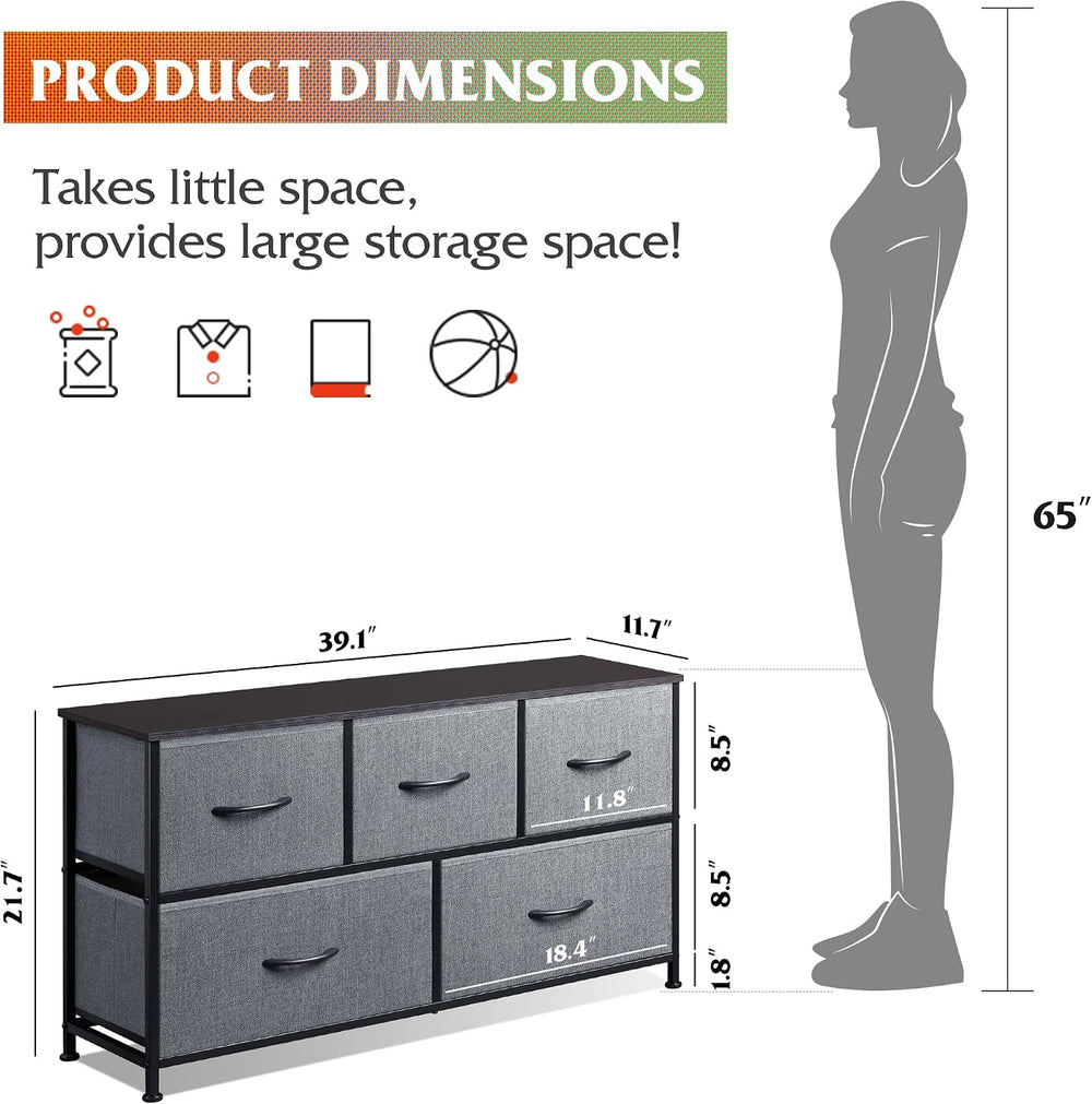 WLIVE Wide Dresser for Bedroom, 5 Drawer Chest of Drawers, Dark Grey
