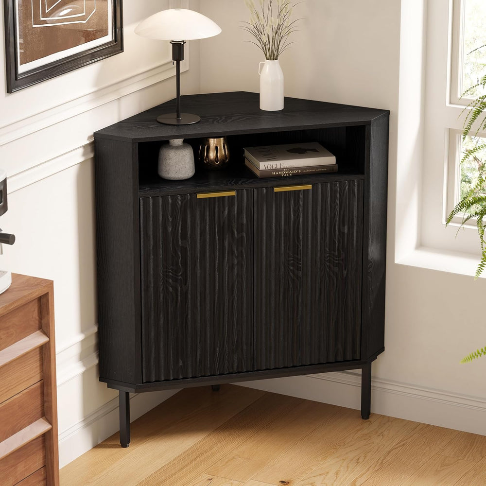 Fluted Corner Cabinet with Storage, Modern Floor Cabinets with Adjustable She...