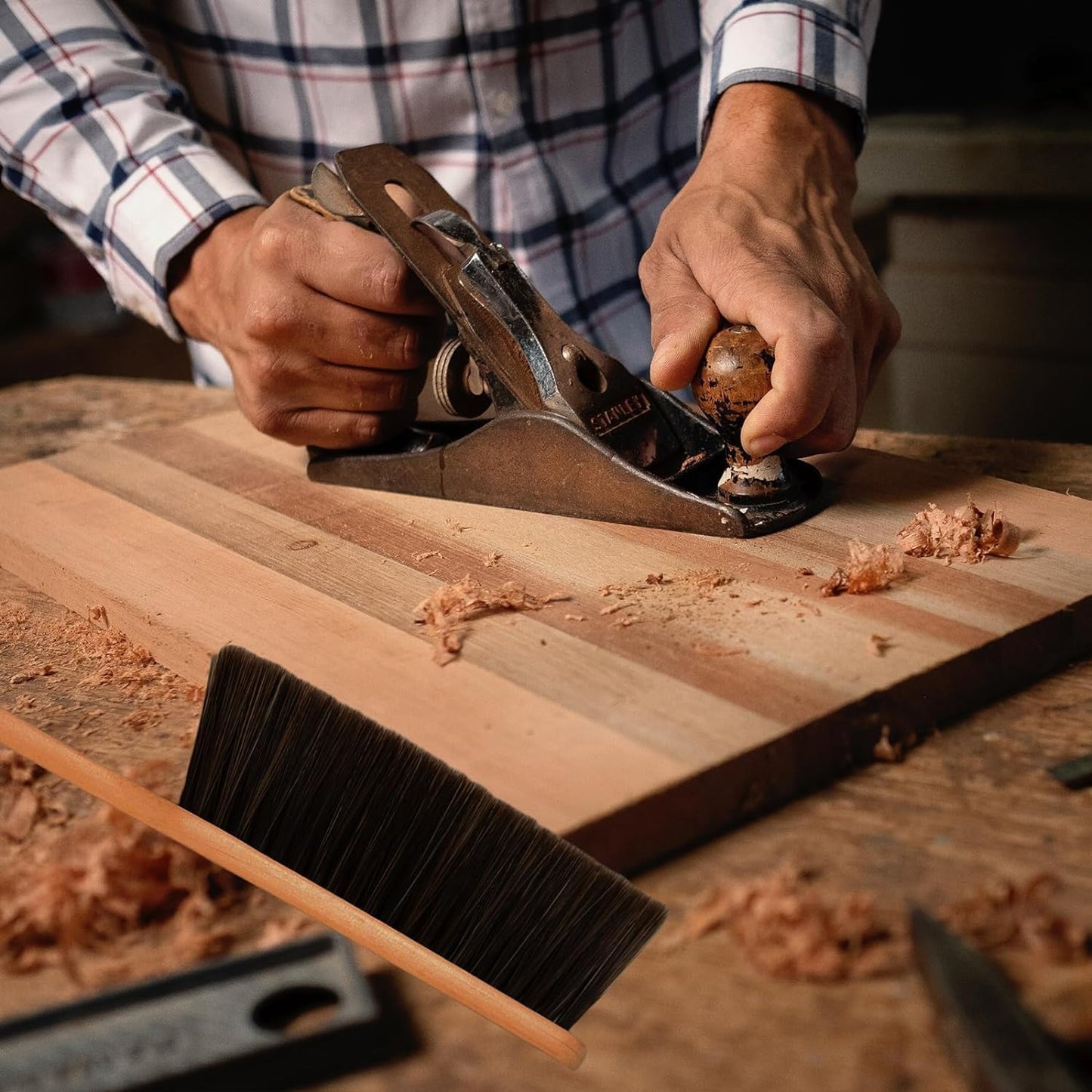 2 Pieces Woooden Dust Brush Hand Broom Bench Brush with Long Wood Handle Whisk Broom Soft Bristle Brush for Counter Bed Sofa Car Fireplace Clothes Household Cleaning