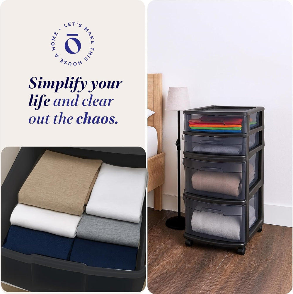 HOMZ Drawer Tower, 4-Tier Storage Cart with Removable Wheels, Black Frame