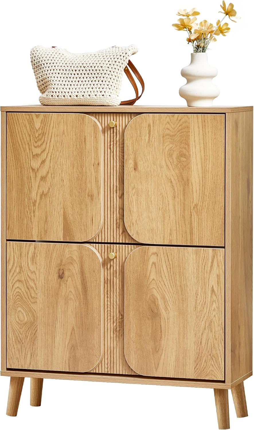BERRYMERRY Natural Shoe Cabinet with 2 Flip Drawers Fluted Recessed