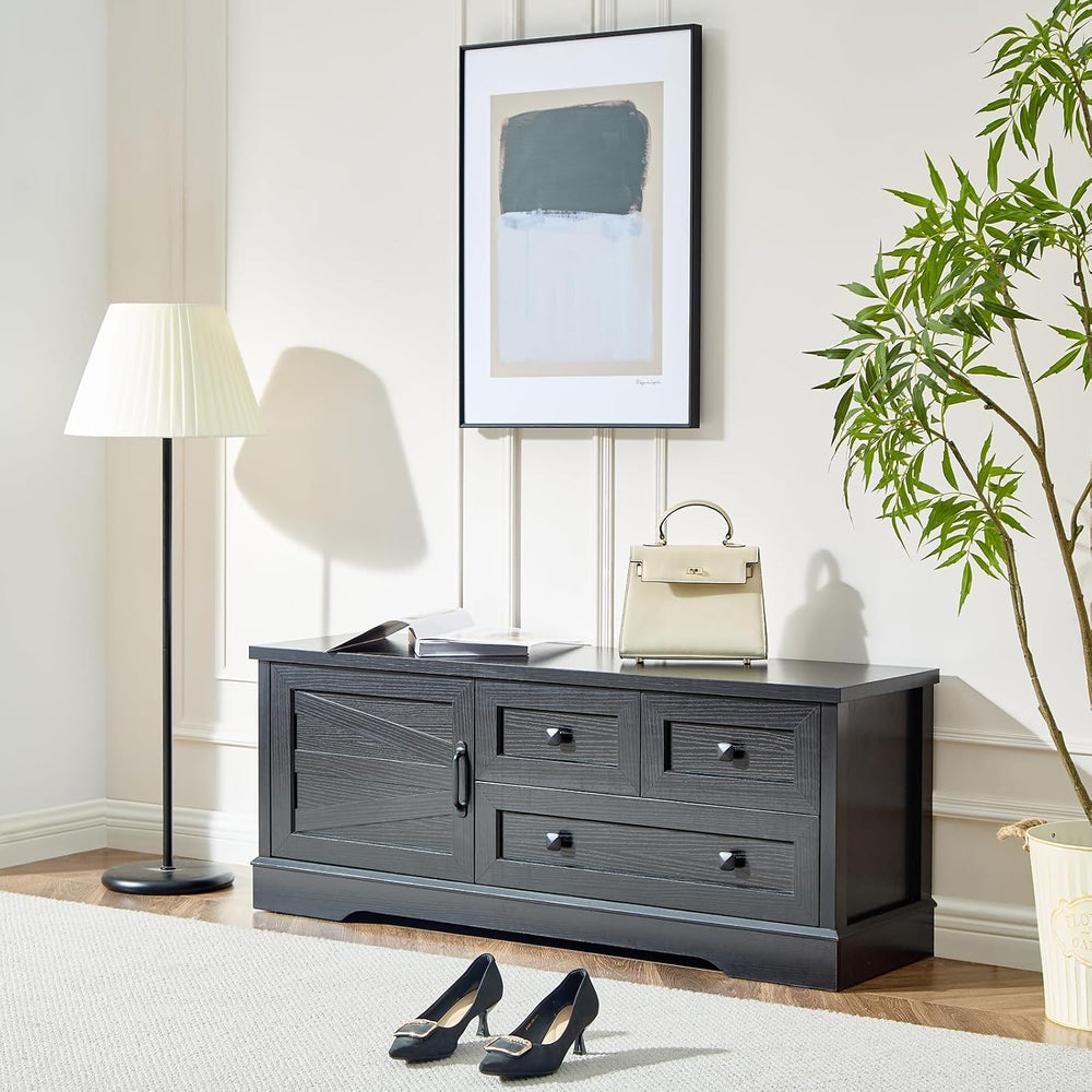 End of Bed Storage Bench, Farmhouse Bed Bench with Drawers & Cabinet, Black